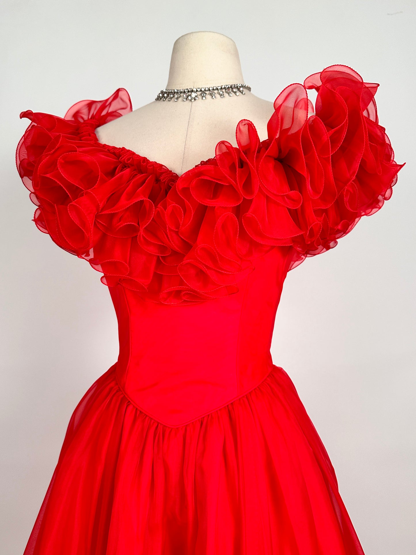 Glamorous 1980s Vibrant Red Chiffon Ruffled Gown / Waist 26