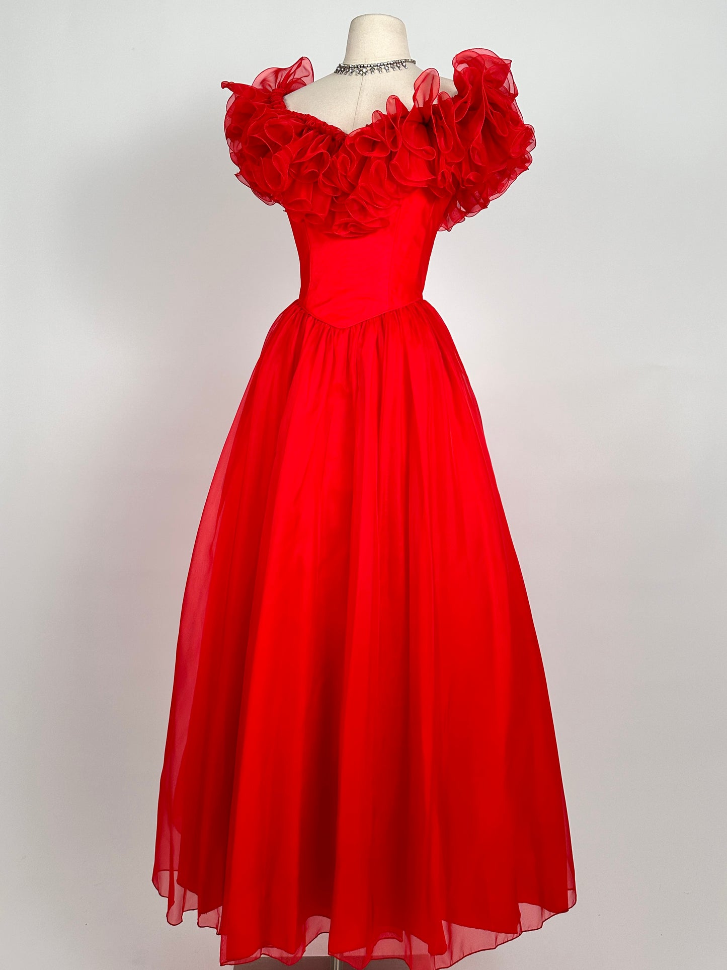 Glamorous 1980s Vibrant Red Chiffon Ruffled Gown / Waist 26