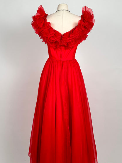 Glamorous 1980s Vibrant Red Chiffon Ruffled Gown / Waist 26