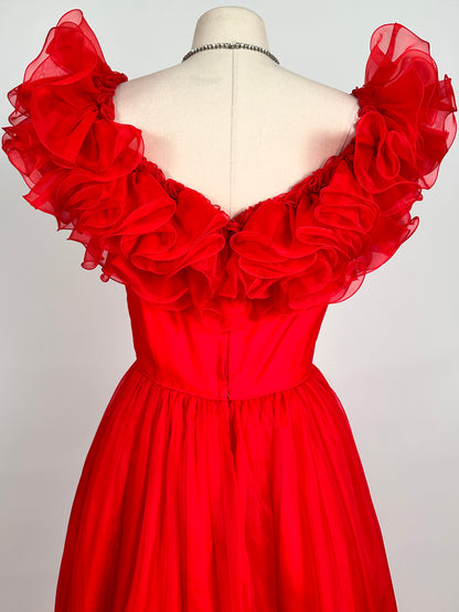 Glamorous 1980s Vibrant Red Chiffon Ruffled Gown / Waist 26