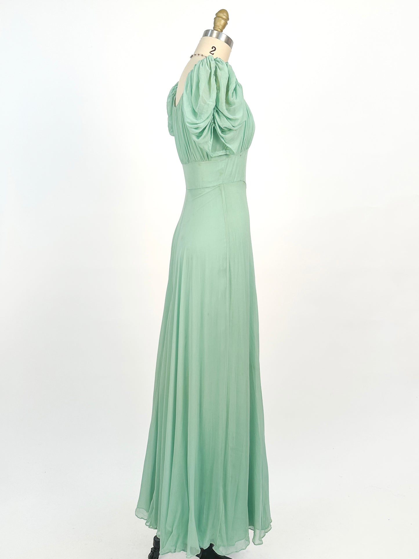 1930s Seafoam Green Silk Chiffon Gown / Waist 24