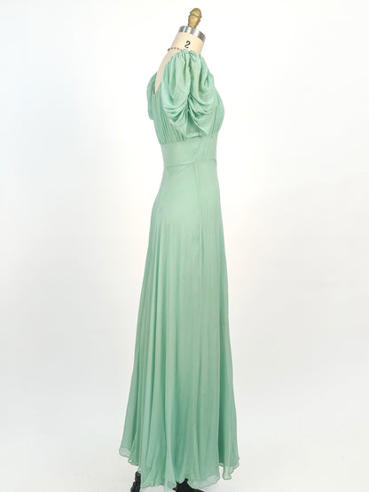 1930s Seafoam Green Silk Chiffon Gown / Waist 24