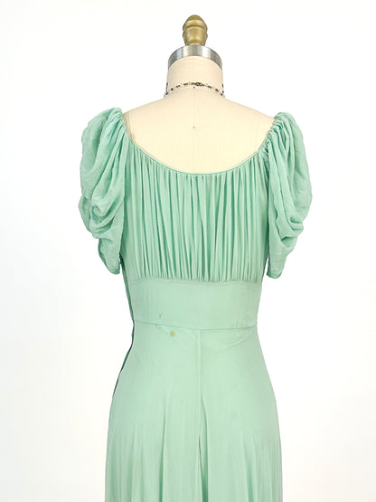 1930s Seafoam Green Silk Chiffon Gown / Waist 24