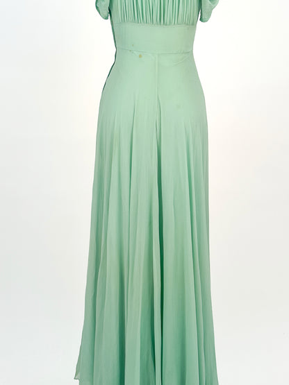 1930s Seafoam Green Silk Chiffon Gown / Waist 24