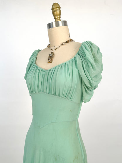 1930s Seafoam Green Silk Chiffon Gown / Waist 24