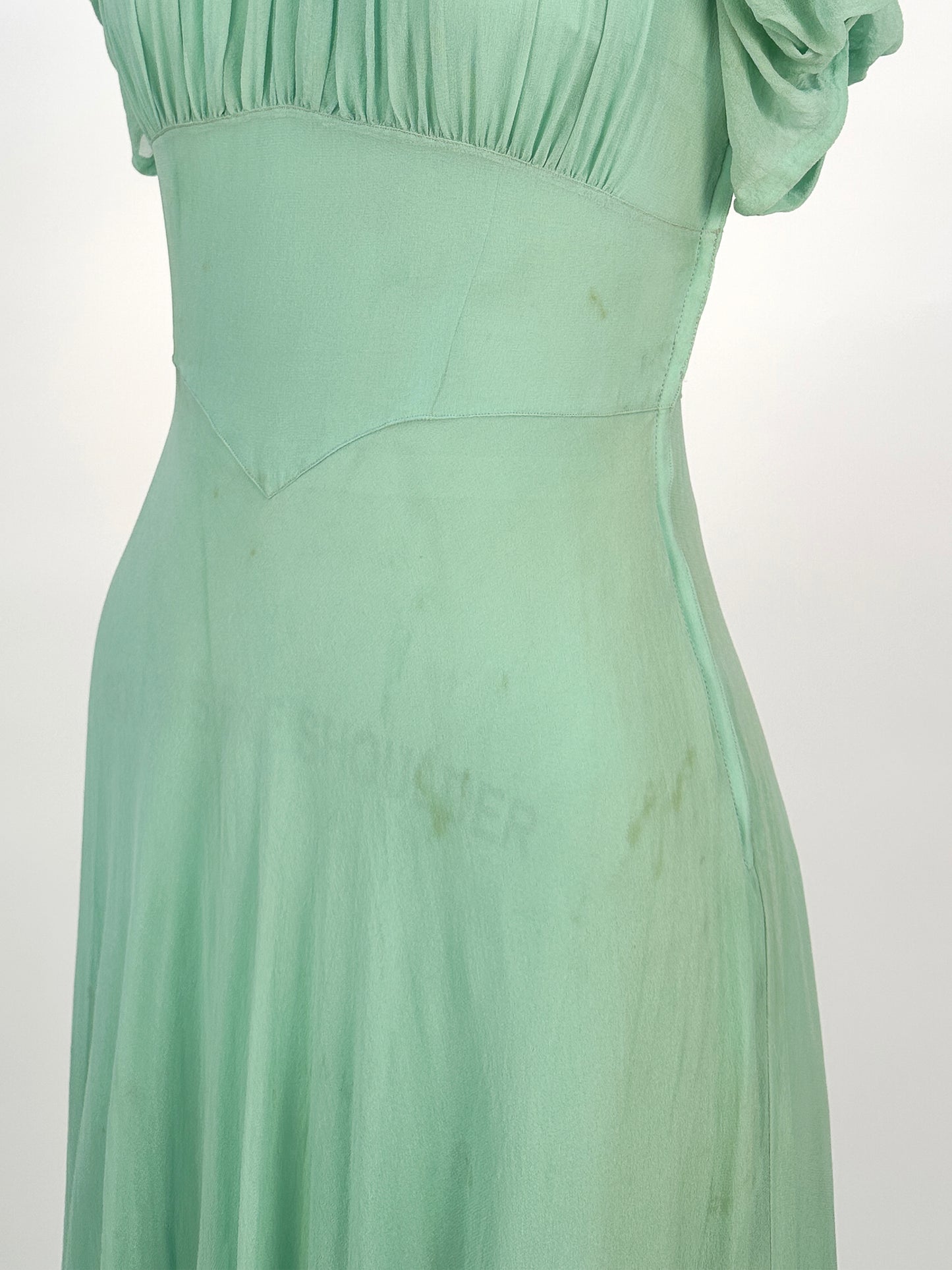 1930s Seafoam Green Silk Chiffon Gown / Waist 24