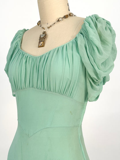 1930s Seafoam Green Silk Chiffon Gown / Waist 24