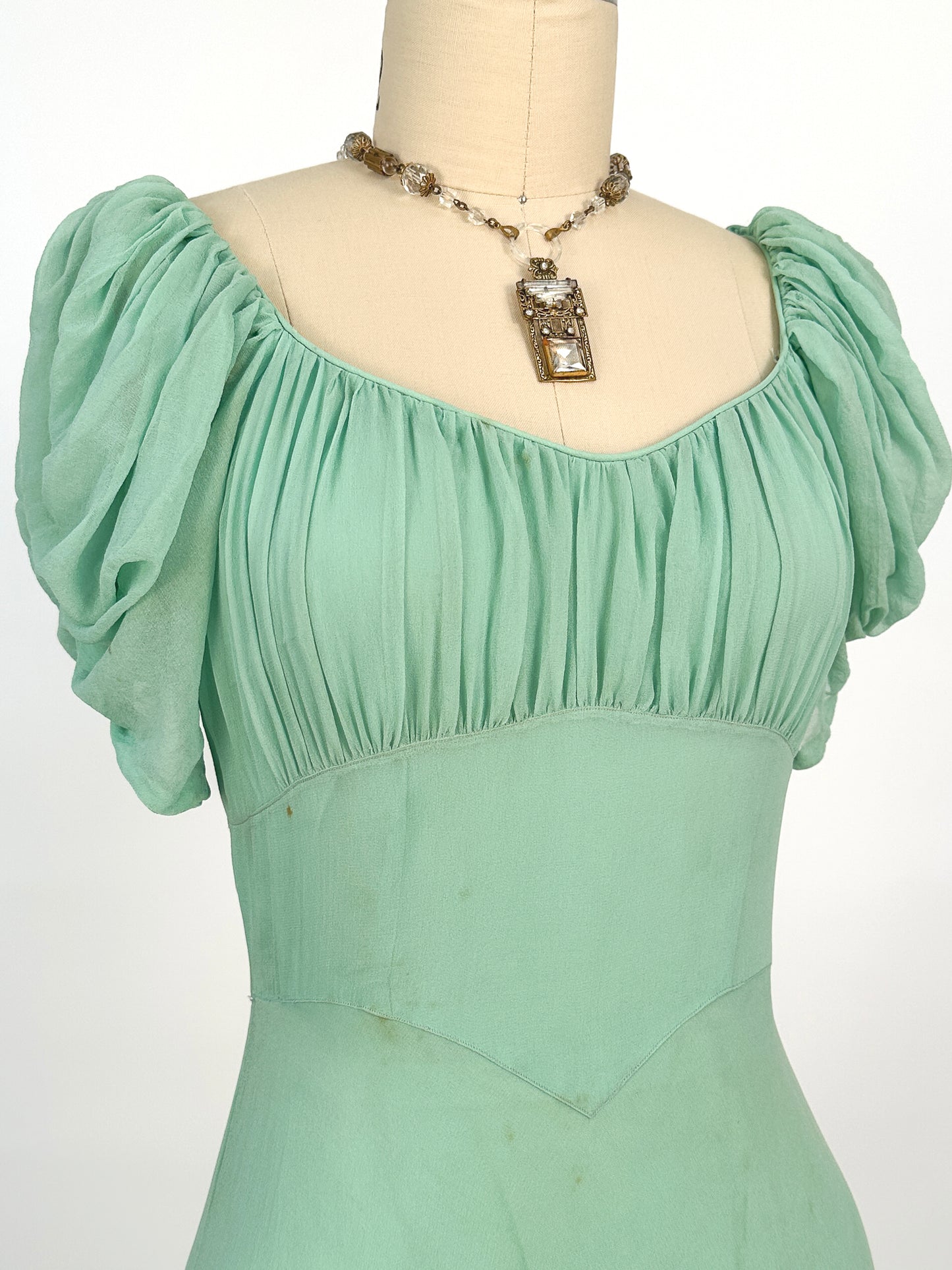 1930s Seafoam Green Silk Chiffon Gown / Waist 24