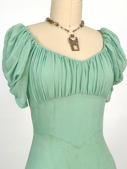 1930s Seafoam Green Silk Chiffon Gown / Waist 24