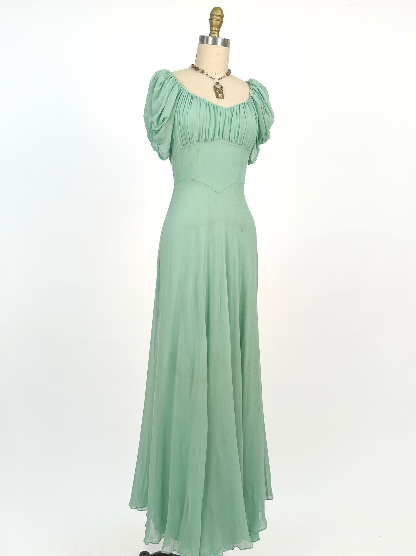 1930s Seafoam Green Silk Chiffon Gown / Waist 24