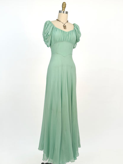 1930s Seafoam Green Silk Chiffon Gown / Waist 24