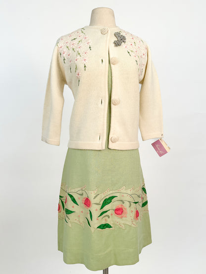 50s Wool and Angora Cardigan with Embroidered Flowers / Fits up to a Large