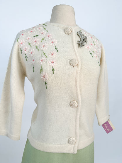 50s Wool and Angora Cardigan with Embroidered Flowers / Fits up to a Large