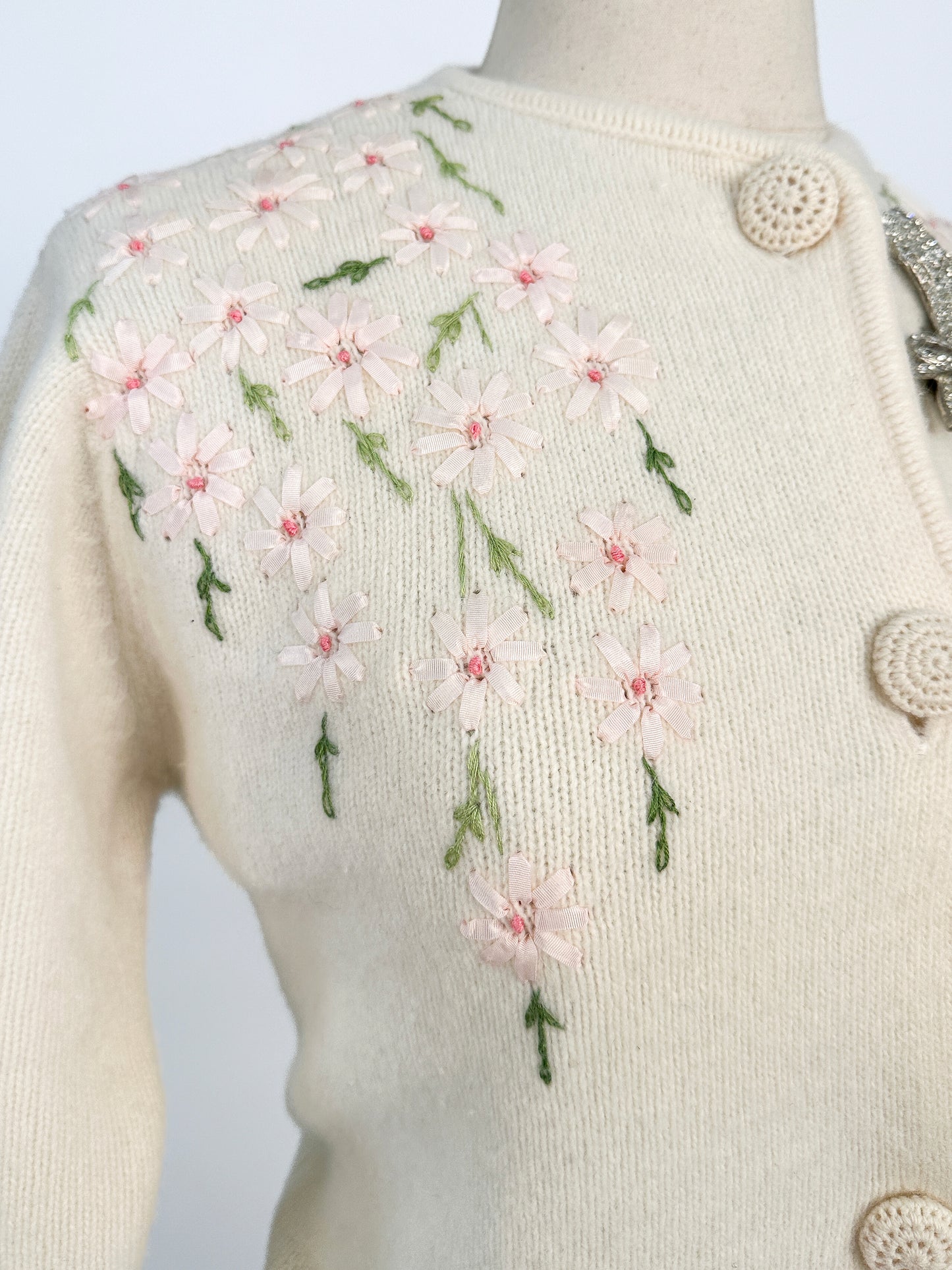 50s Wool and Angora Cardigan with Embroidered Flowers / Fits up to a Large