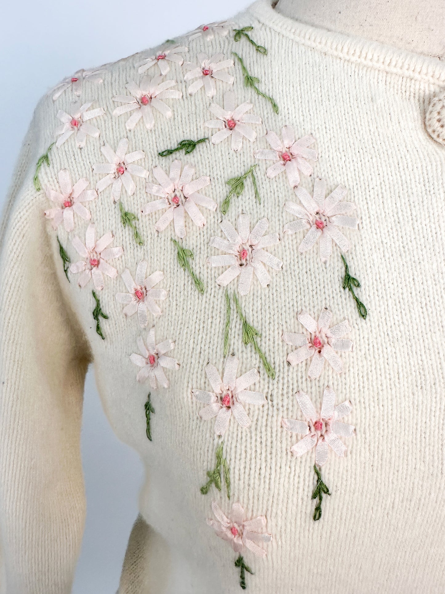 50s Wool and Angora Cardigan with Embroidered Flowers / Fits up to a Large