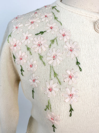 50s Wool and Angora Cardigan with Embroidered Flowers / Fits up to a Large