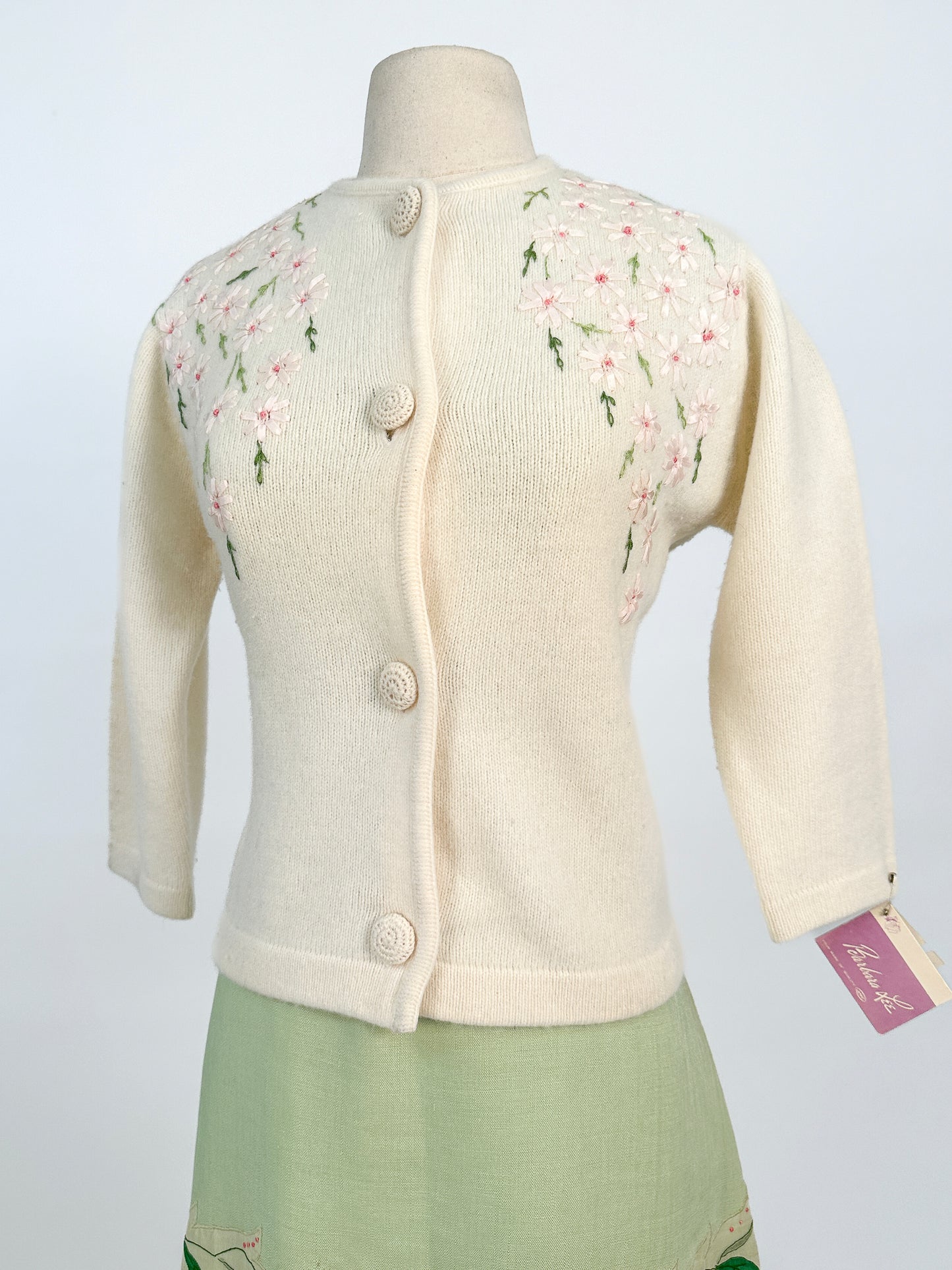 50s Wool and Angora Cardigan with Embroidered Flowers / Fits up to a Large