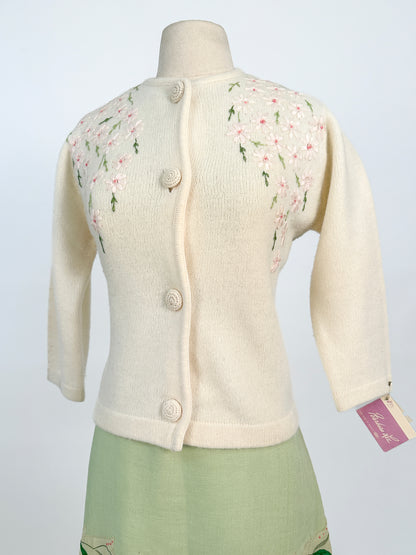 50s Wool and Angora Cardigan with Embroidered Flowers / Fits up to a Large