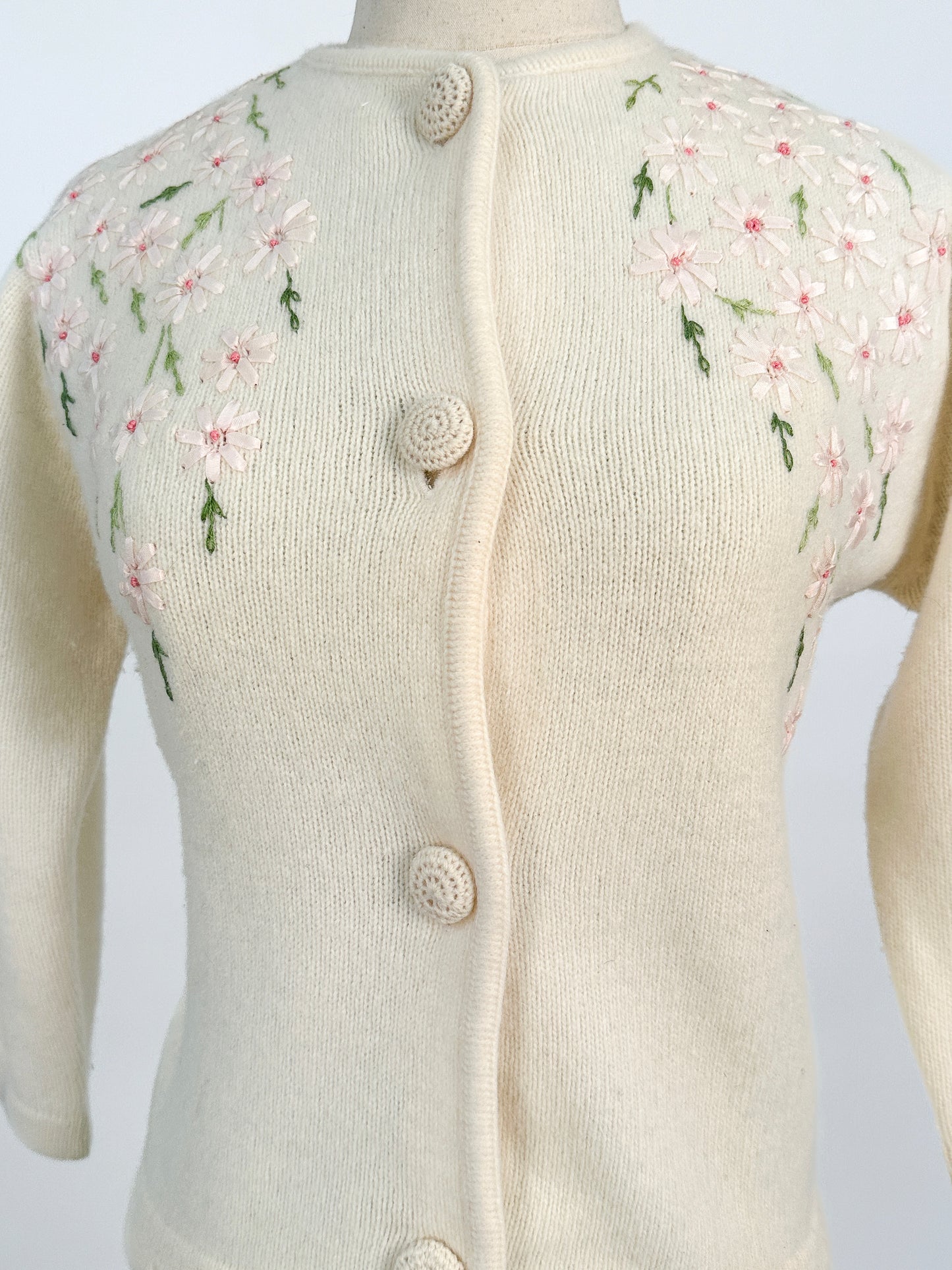 50s Wool and Angora Cardigan with Embroidered Flowers / Fits up to a Large