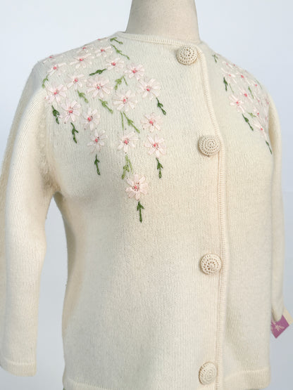 50s Wool and Angora Cardigan with Embroidered Flowers / Fits up to a Large
