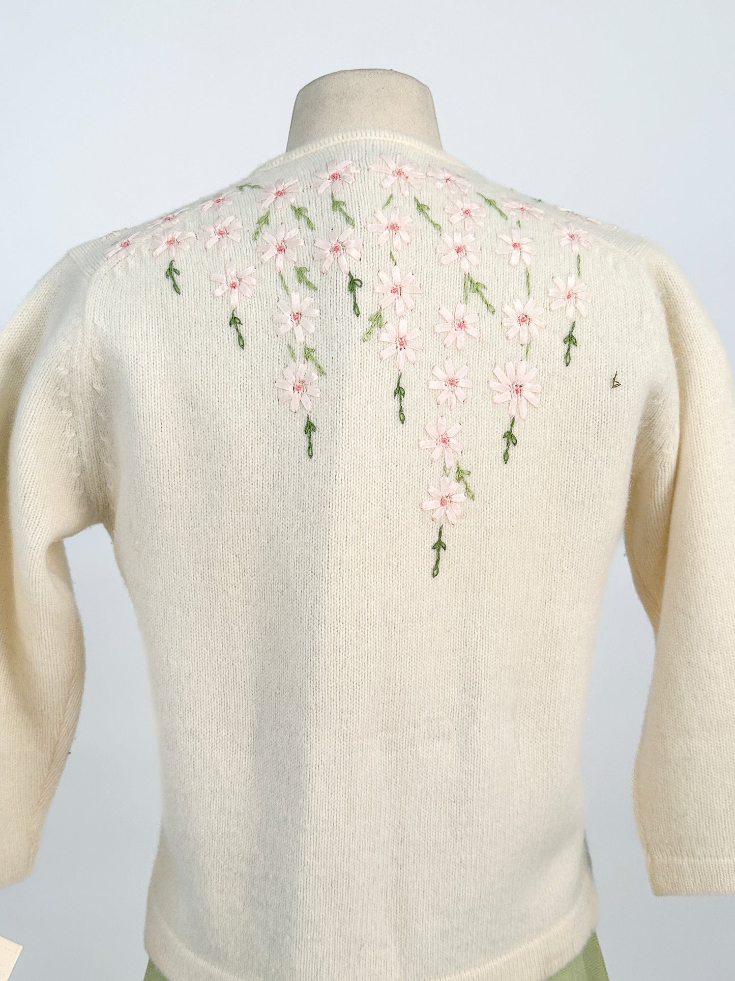 50s Wool and Angora Cardigan with Embroidered Flowers / Fits up to a Large