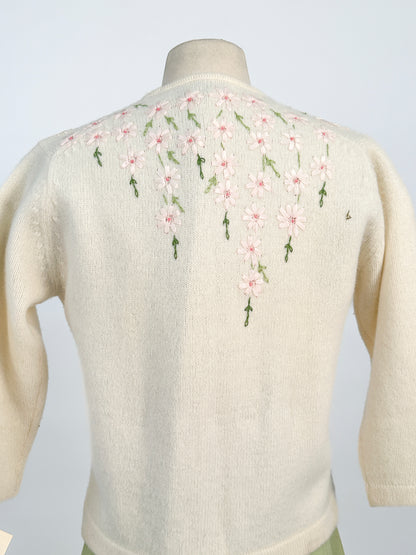 50s Wool and Angora Cardigan with Embroidered Flowers / Fits up to a Large