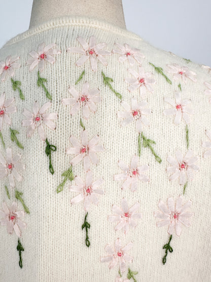 50s Wool and Angora Cardigan with Embroidered Flowers / Fits up to a Large