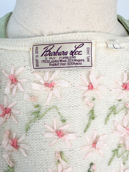 50s Wool and Angora Cardigan with Embroidered Flowers / Fits up to a Large