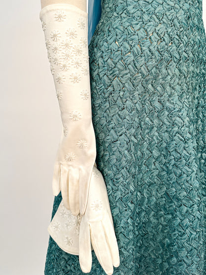 1950s – 60s White Cotton Three-Quarter Beaded Gloves