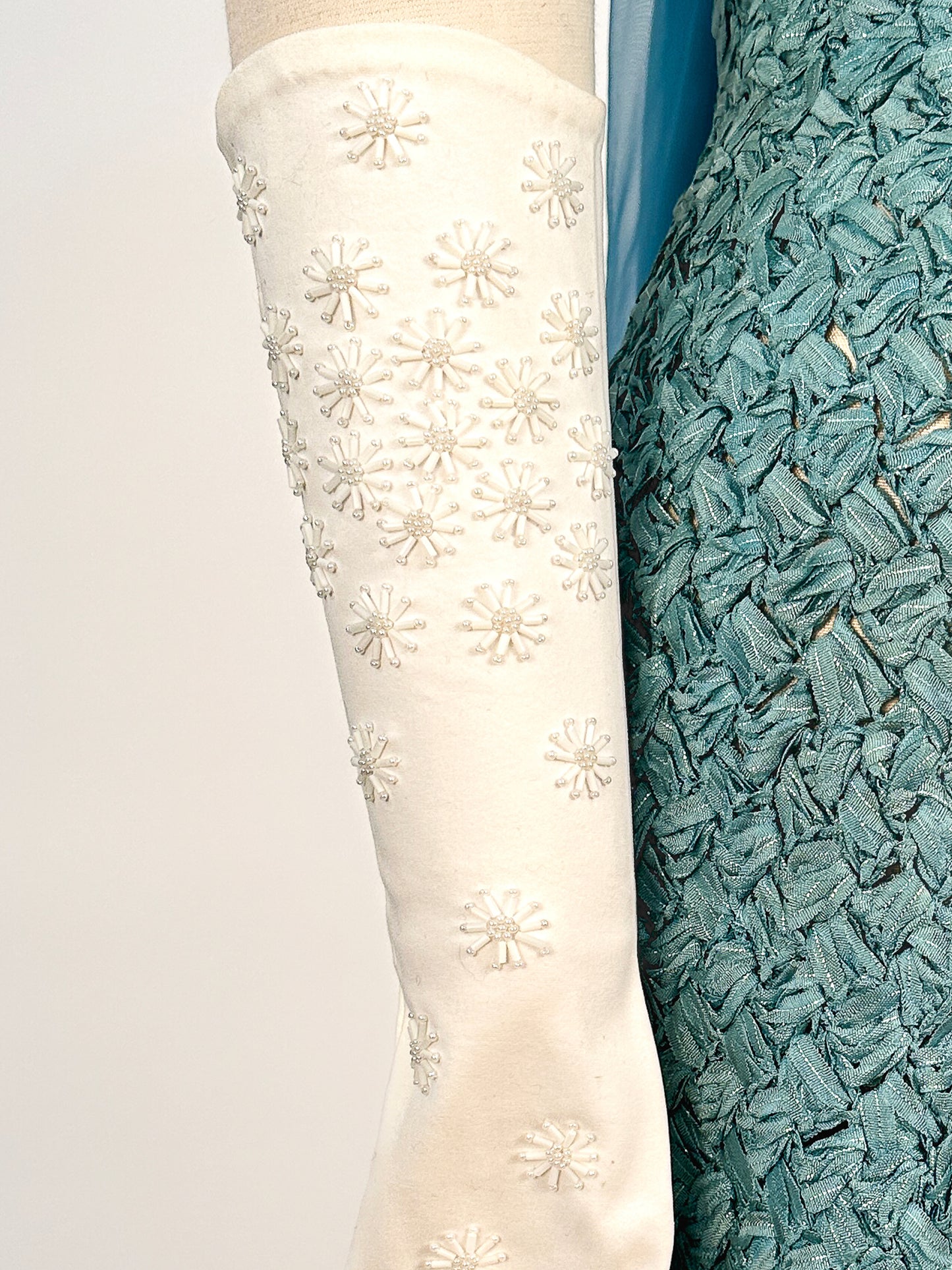 1950s – 60s White Cotton Three-Quarter Beaded Gloves