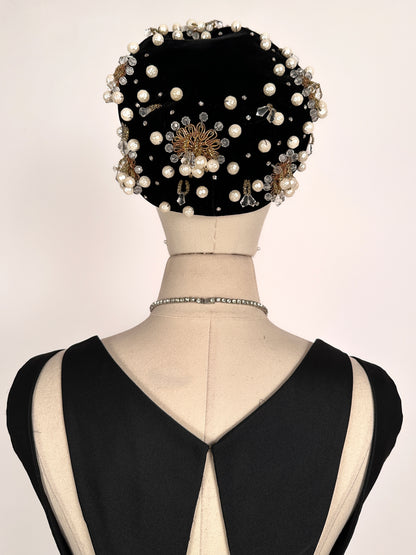 1950s Stunning Black Velvet Pearl, Rhinestone and Beaded Pillbox Hat/ One Size