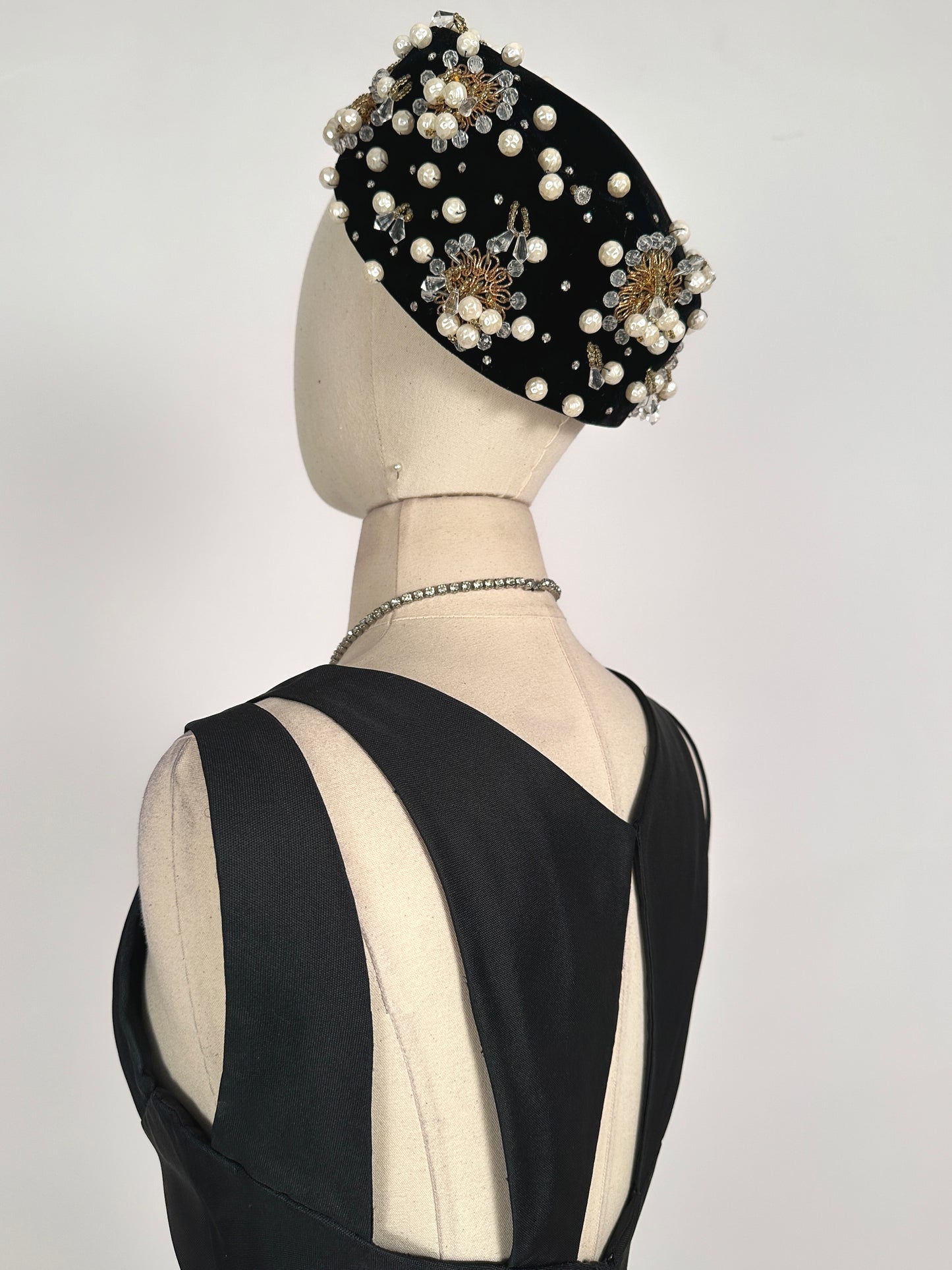 1950s Stunning Black Velvet Pearl, Rhinestone and Beaded Pillbox Hat/ One Size