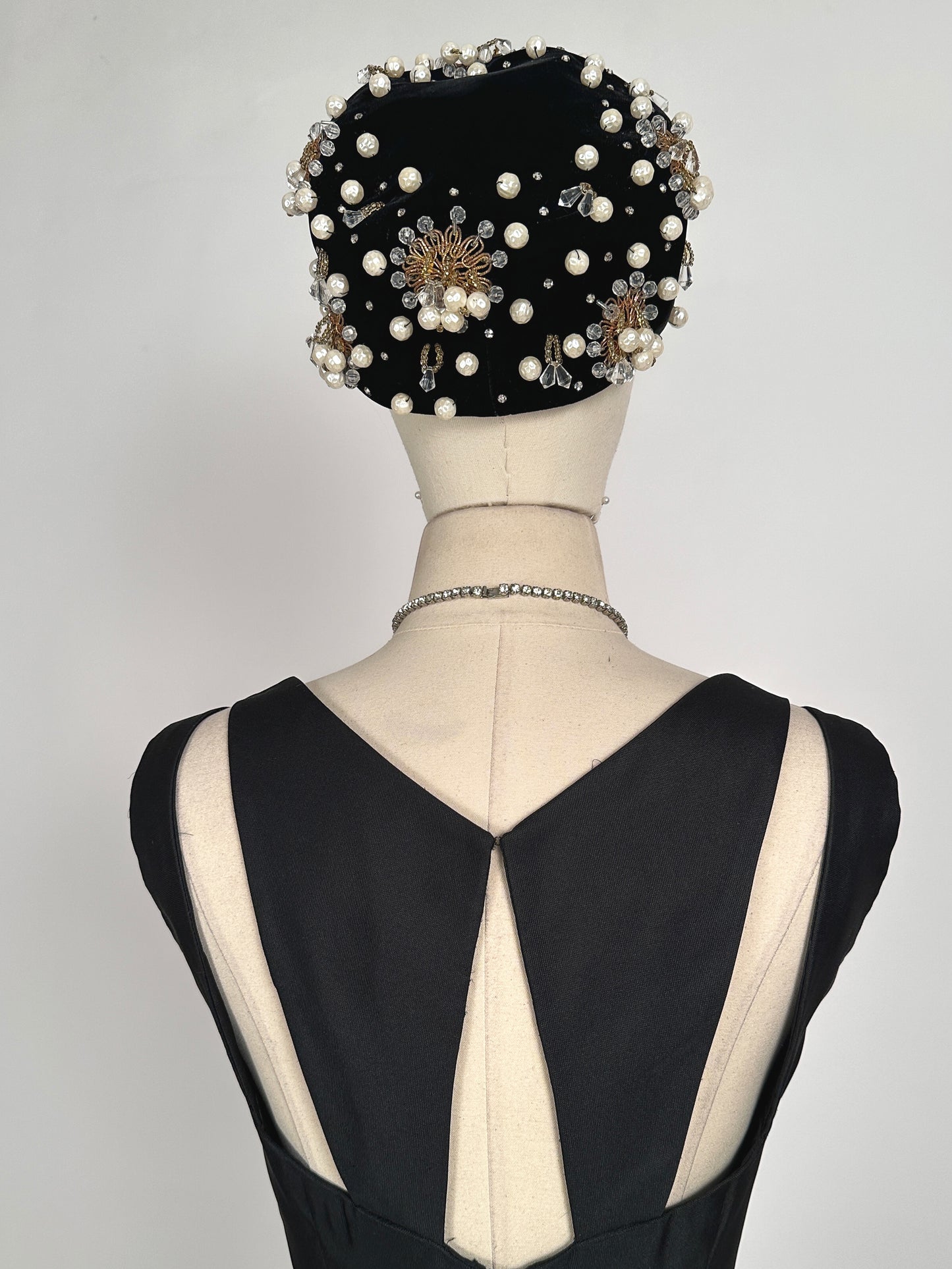 1950s Stunning Black Velvet Pearl, Rhinestone and Beaded Pillbox Hat/ One Size