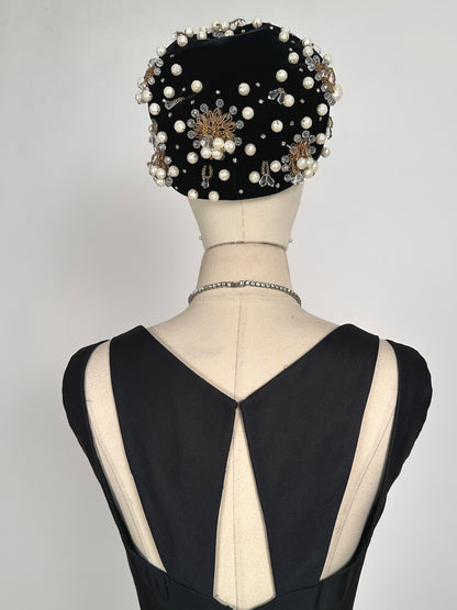 1950s Stunning Black Velvet Pearl, Rhinestone and Beaded Pillbox Hat/ One Size