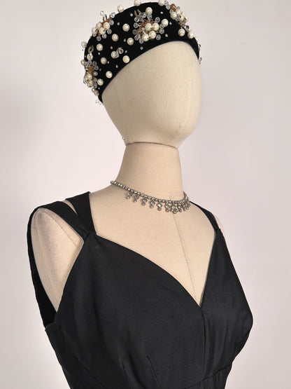 1950s Stunning Black Velvet Pearl, Rhinestone and Beaded Pillbox Hat/ One Size