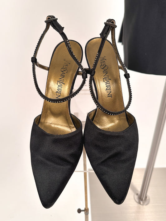 1990s YSL Black Satin Heels with Rhinestones / Size 7.5