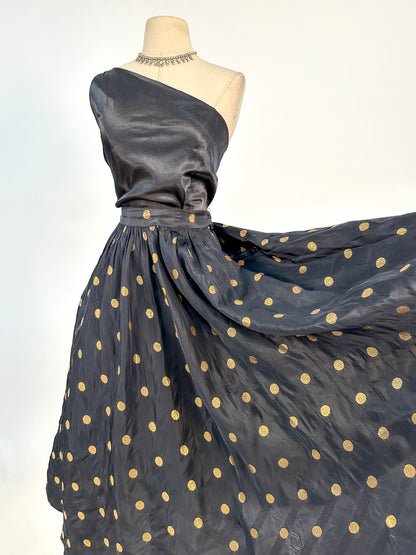 1940-50s Black Jacquard Polka Dot Circle Skirt / Waist 26