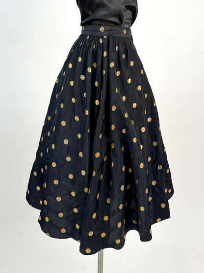 1940-50s Black Jacquard Polka Dot Circle Skirt / Waist 26