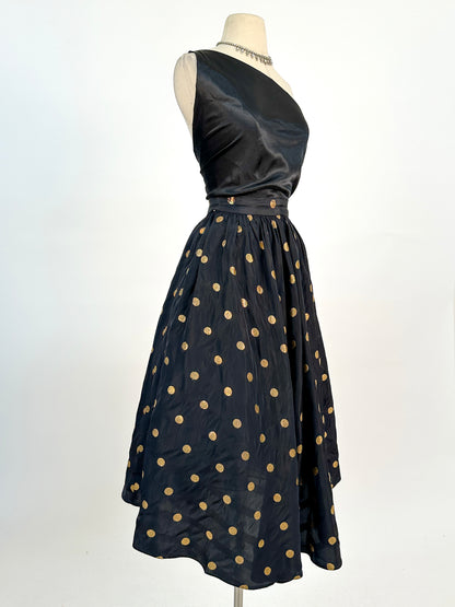 1940-50s Black Jacquard Polka Dot Circle Skirt / Waist 26