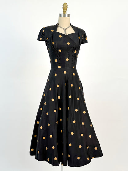 1940-50s Black Taffeta with Gold Polka Dot Fit & Flare / Waist 24