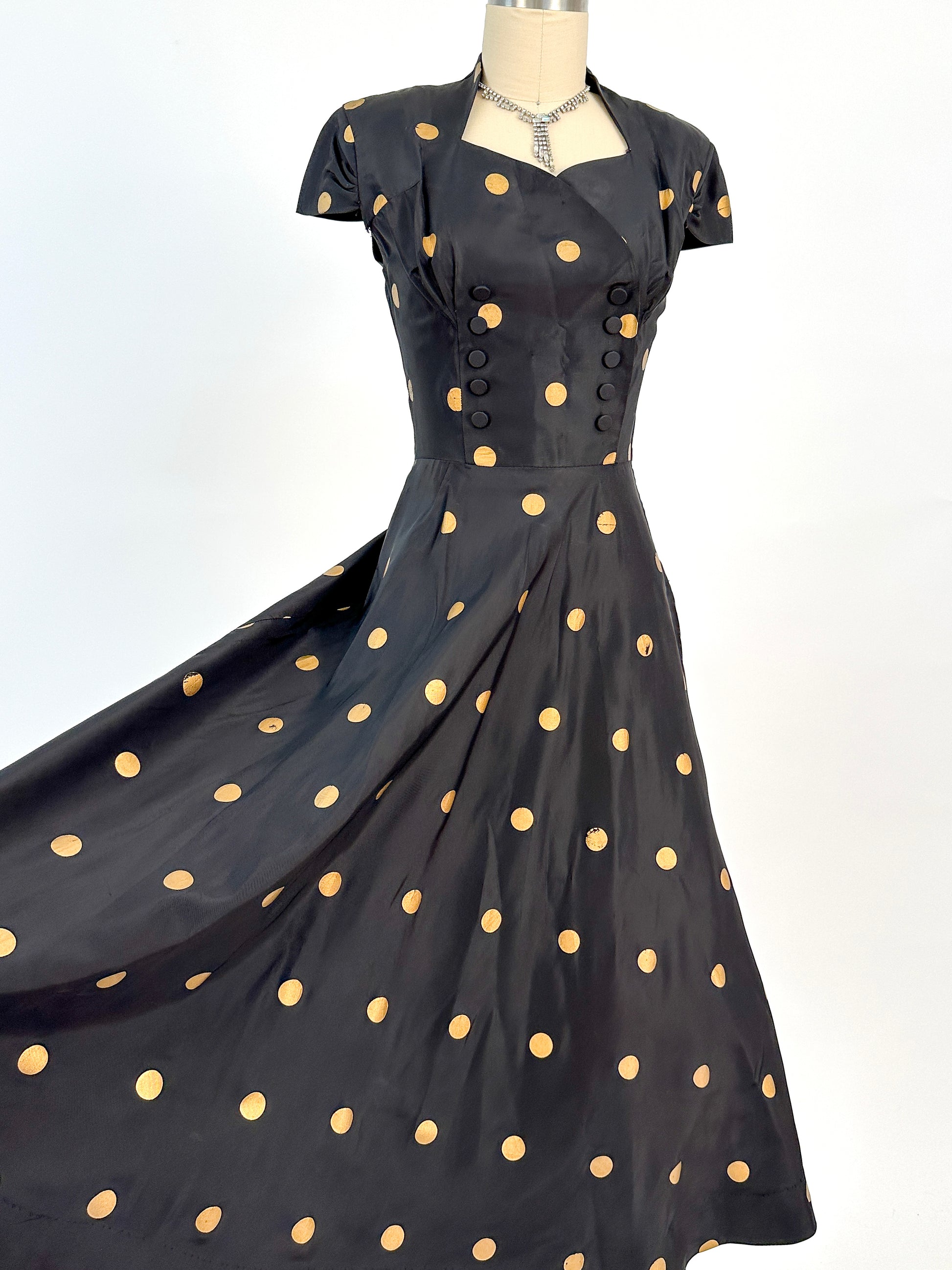 1940-50s Black Taffeta with Gold Polka Dot Fit & Flare / Waist 24 1940-50s Black Taffeta with Gold Polka Dot Fit & Flare / Waist 24
