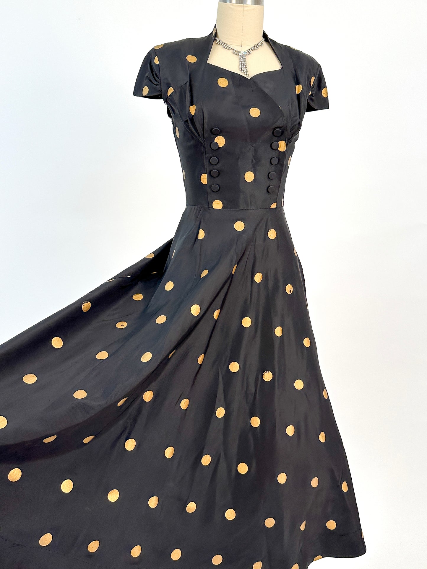 1940-50s Black Taffeta with Gold Polka Dot Fit & Flare / Waist 24