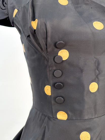 1940-50s Black Taffeta with Gold Polka Dot Fit & Flare / Waist 24