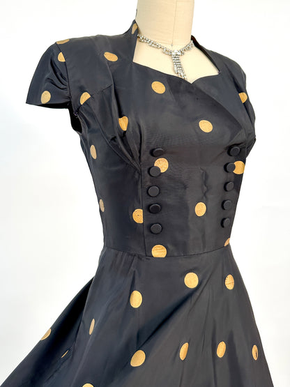 1940-50s Black Taffeta with Gold Polka Dot Fit & Flare / Waist 24