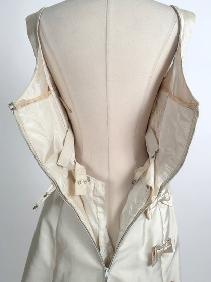1960s Silk Shantung Wedding Dress Adorned with Bow / Waist 28