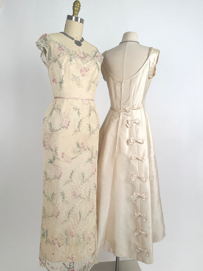 1960s Silk Shantung Wedding Dress Adorned with Bow / Waist 28