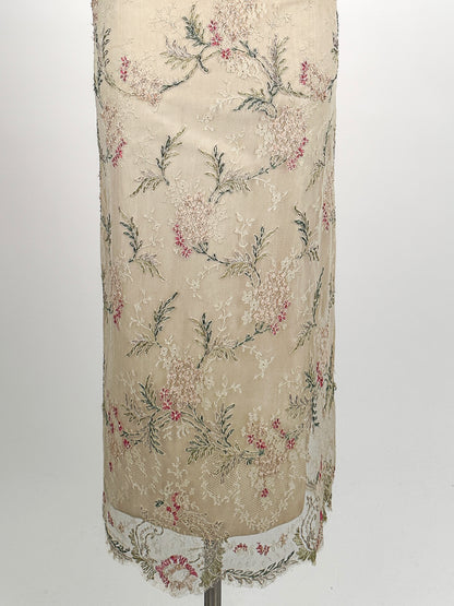 50-60s Embroidered Cream Chantilly Lace Gown / Waist 28