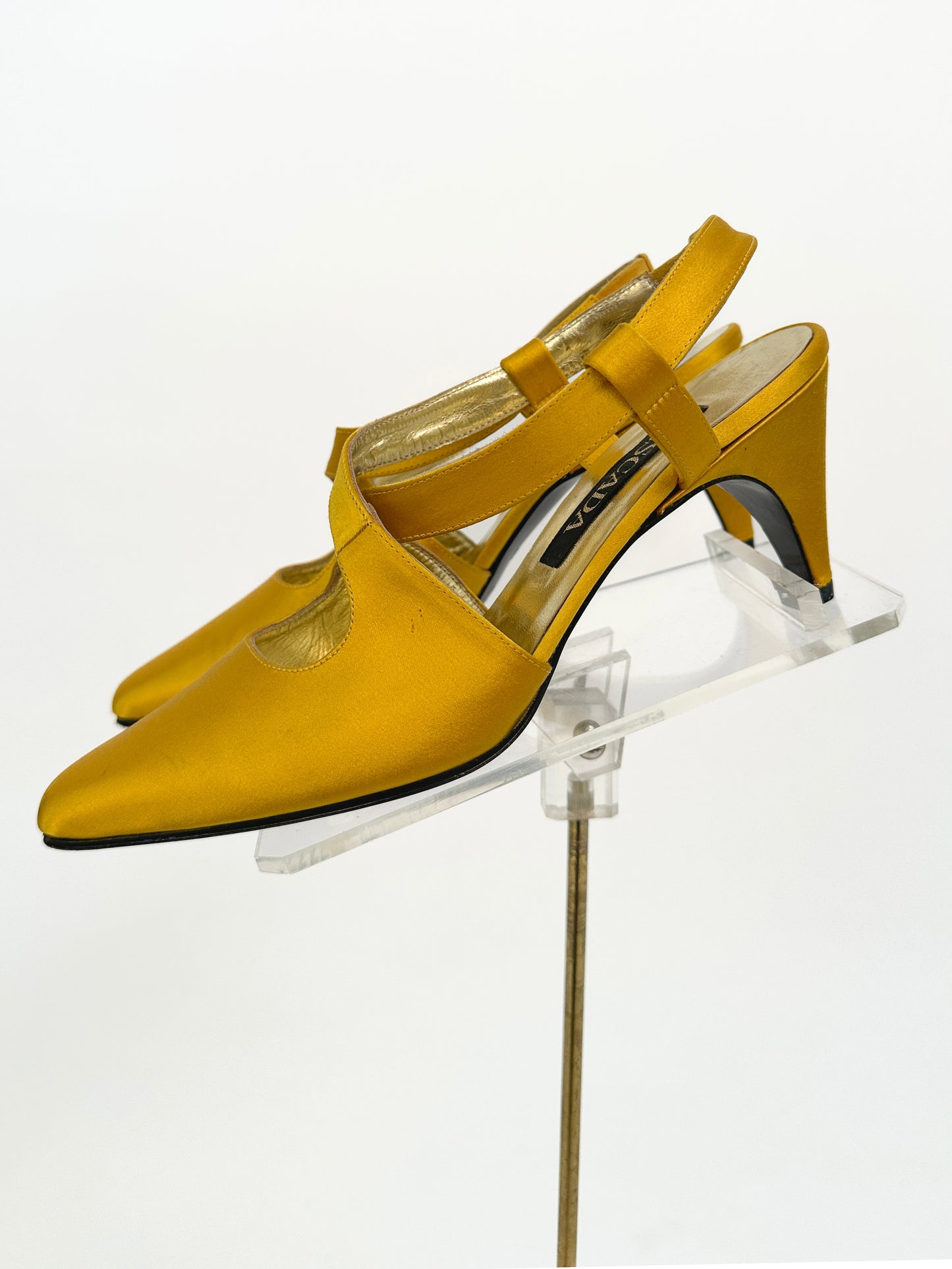 1990s Golden Yellow Satin Sling Backs / Size 6B