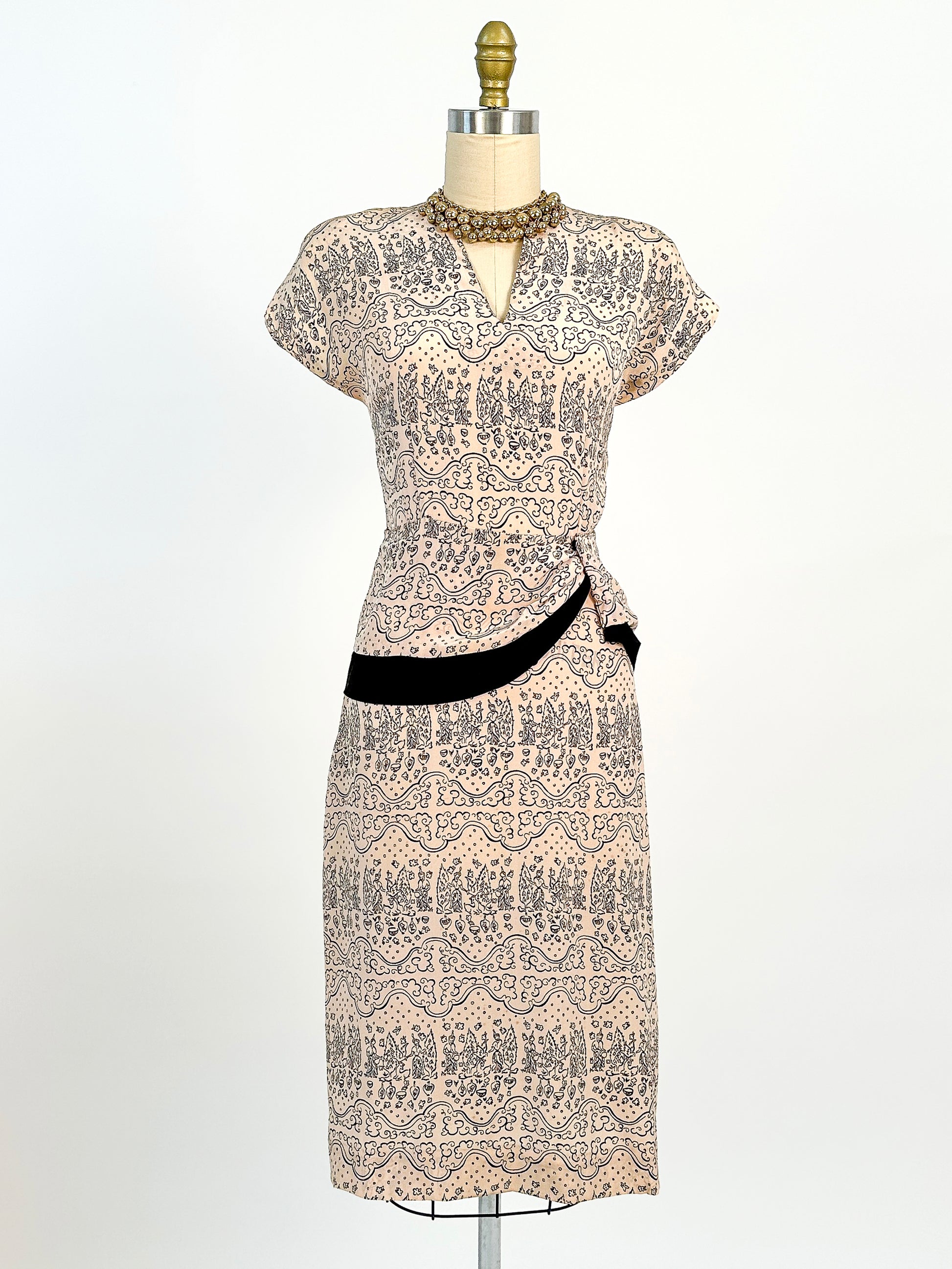 silk wiggle dress Vibrant Floral Printed Parchment Dupioni Silk Wiggle Dress, Circa 1950s portmanteau New york