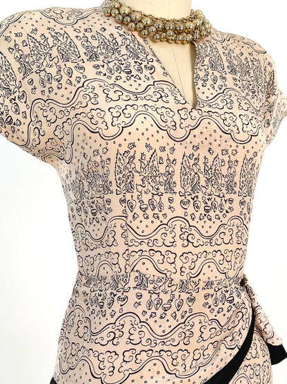 40s Silk Wiggle Dress with Water Nymph Novelty Print / Waist 26